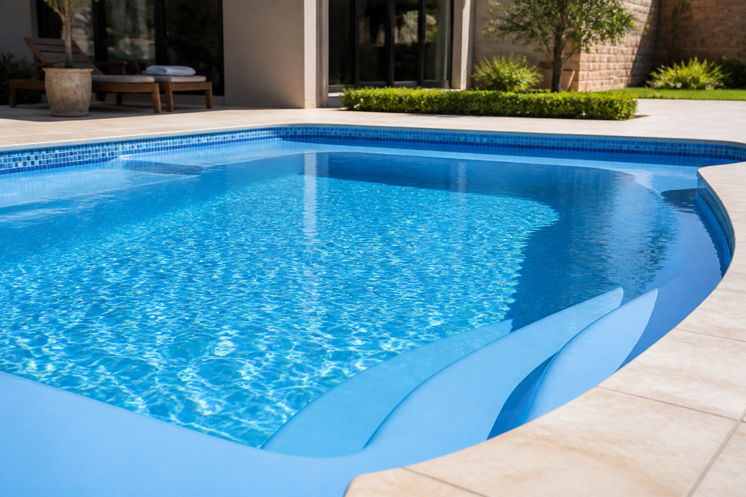 Glossy fibreglass swimming pool with mosaic waterline tiles