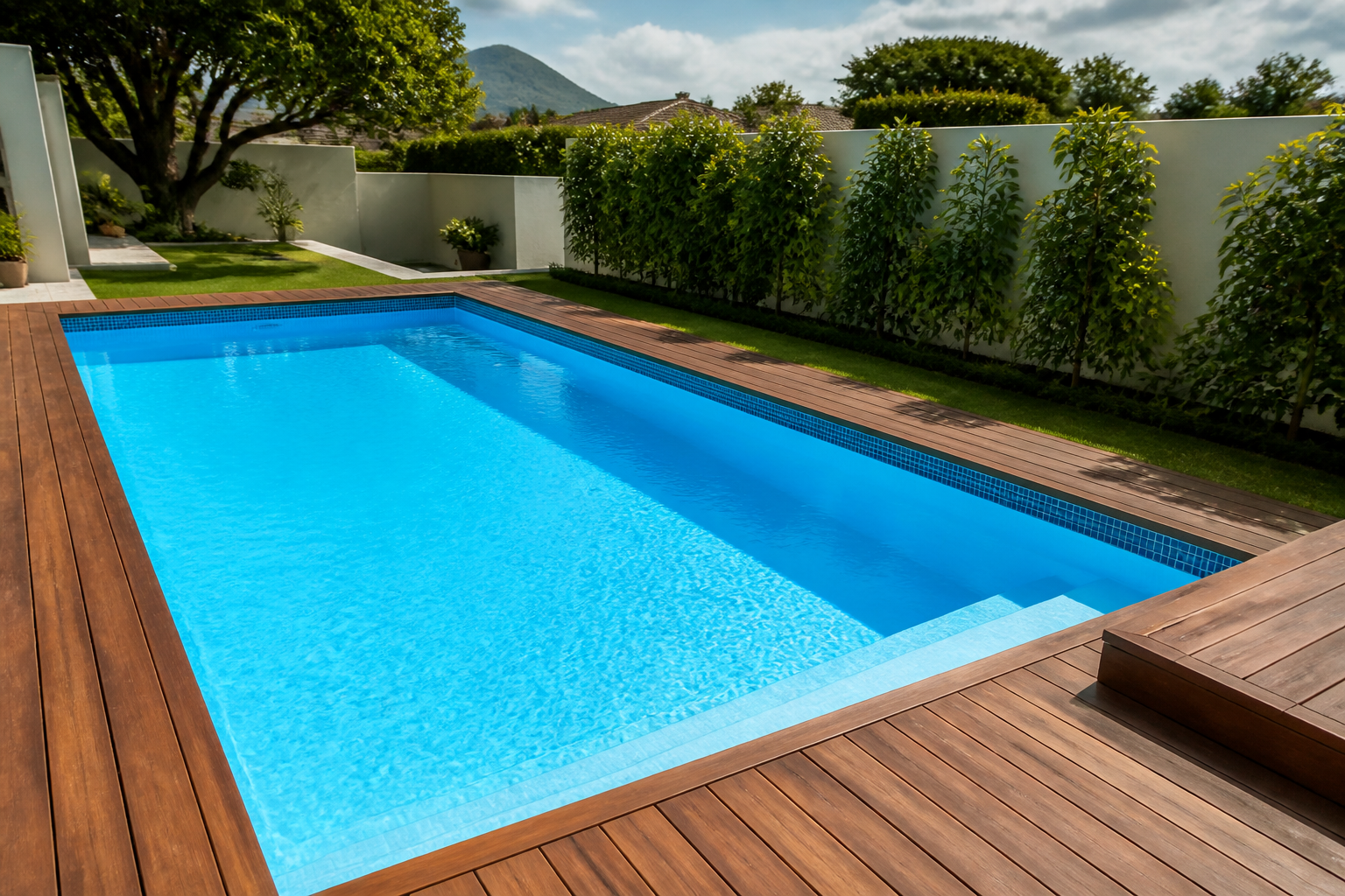 Brand-new swimming pool with mosaic waterline and timber deck