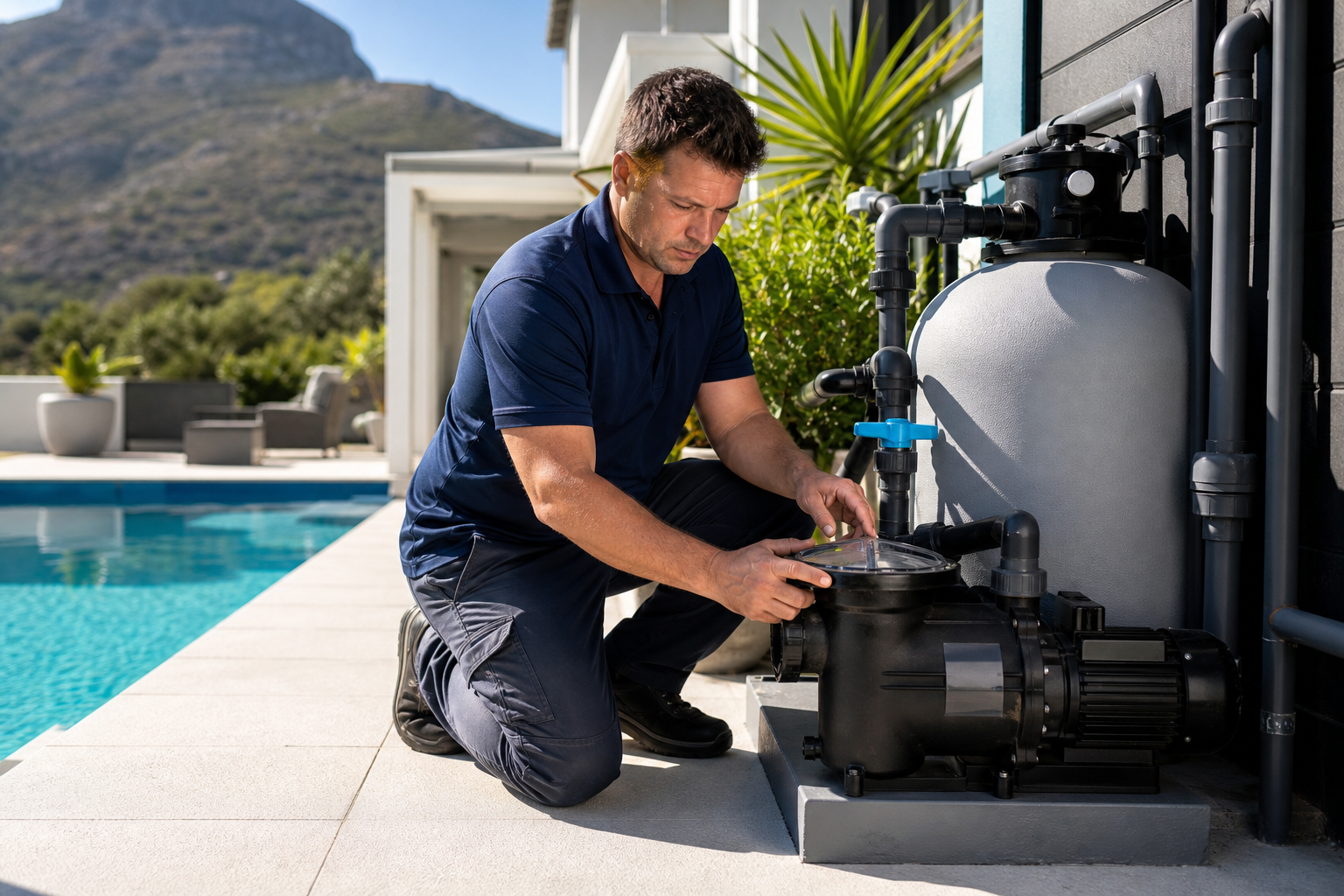 Pool technician servicing a pump and filter beside a clear pool